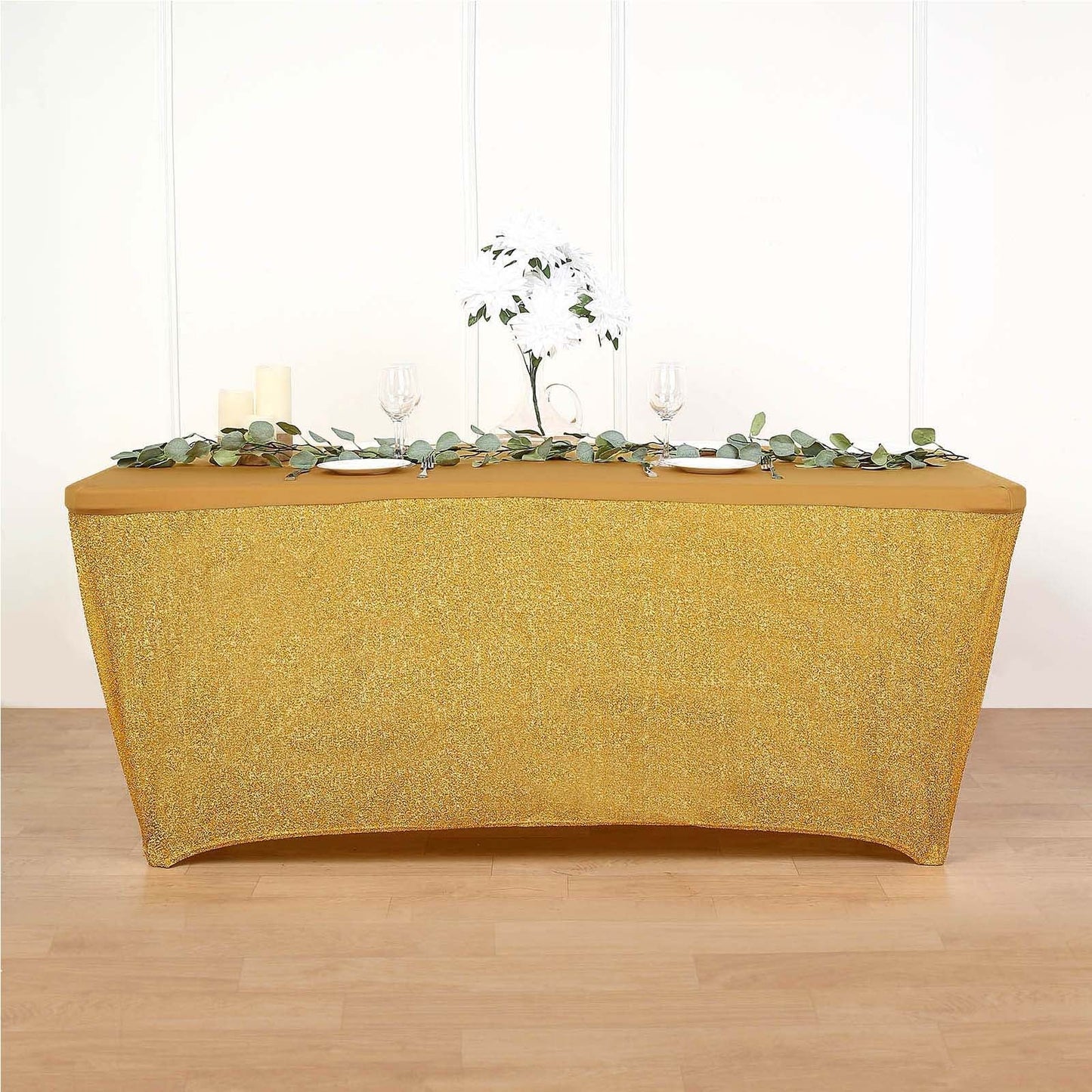 Gold Shimmer Tinsel Table Cover 6 Feet Rectangular Fitted