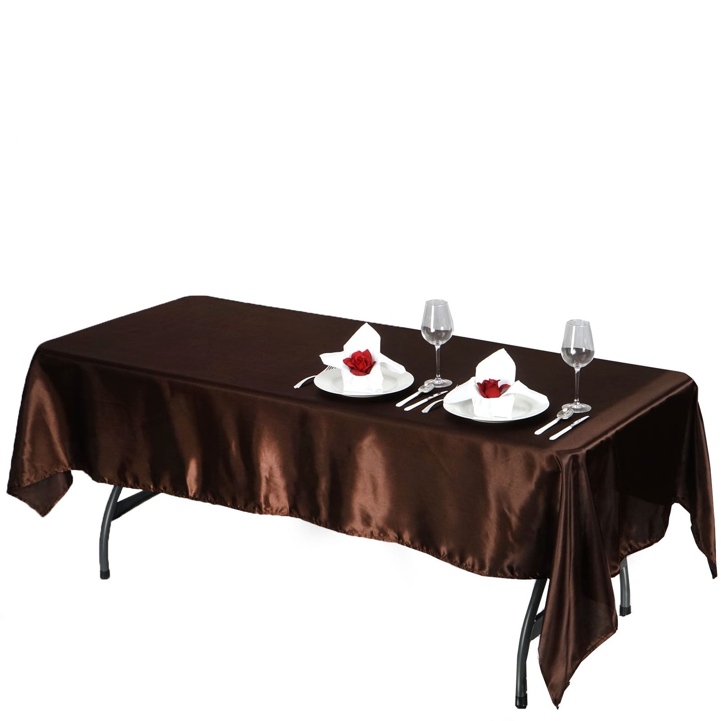 Chocolate satin rectangular tablecloth on a dining table.