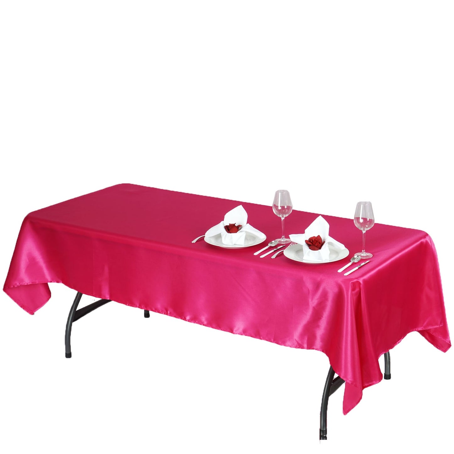 Fuchsia satin rectangular tablecloth on a dining table setting.