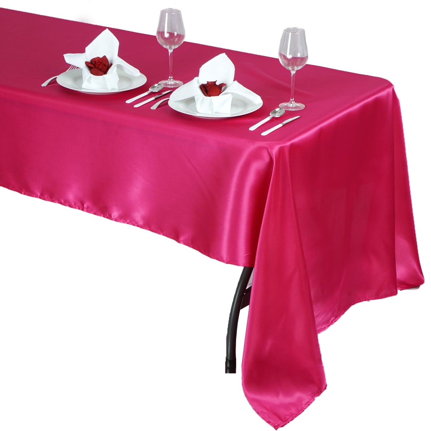 Fuchsia satin rectangular tablecloth on a dining table setting.