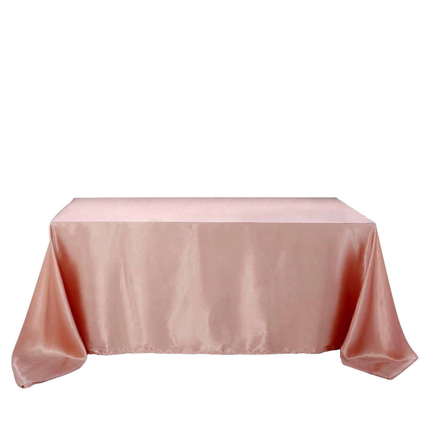 Dusty rose satin rectangular tablecloth on a white background.