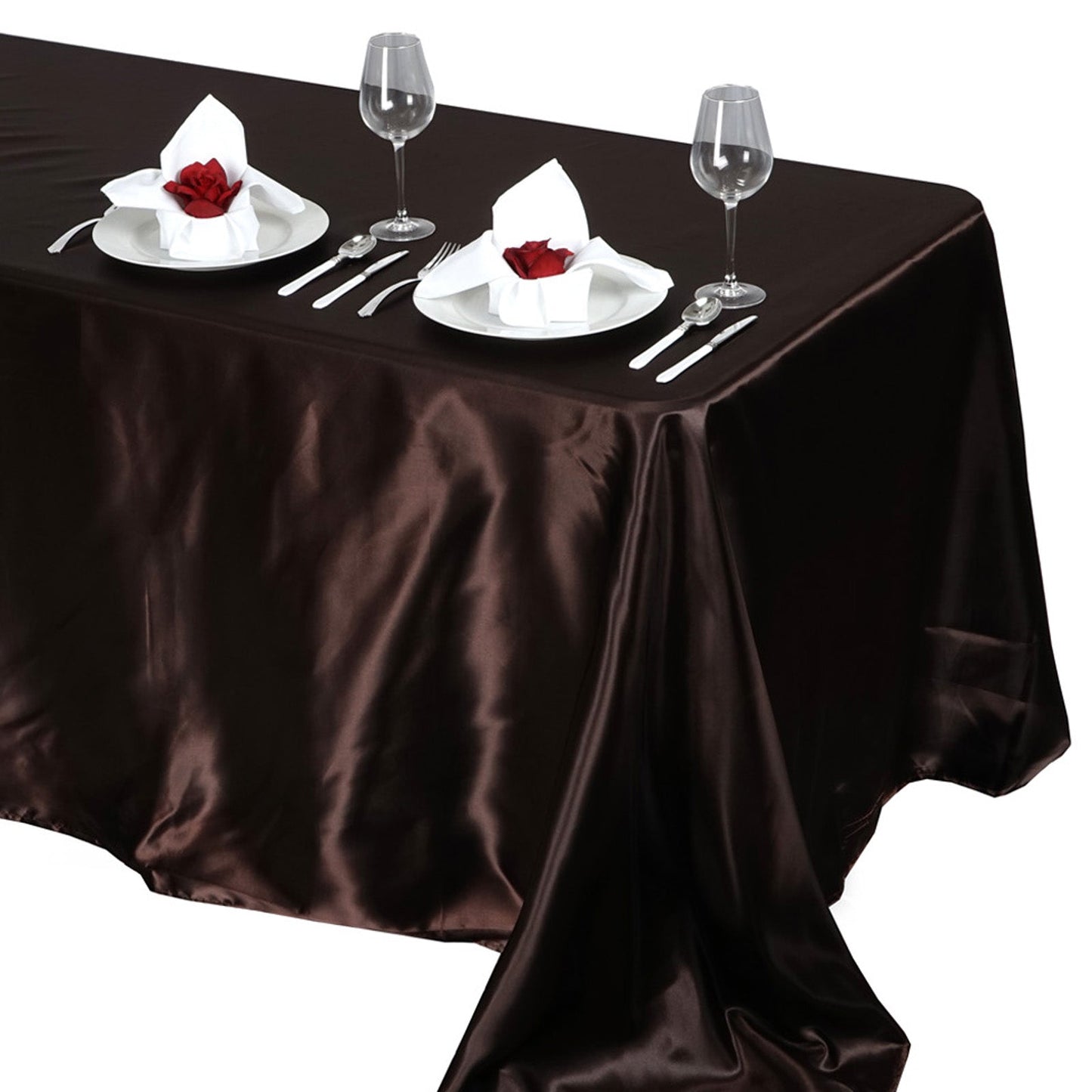 Chocolate satin rectangular tablecloth on a dining table.