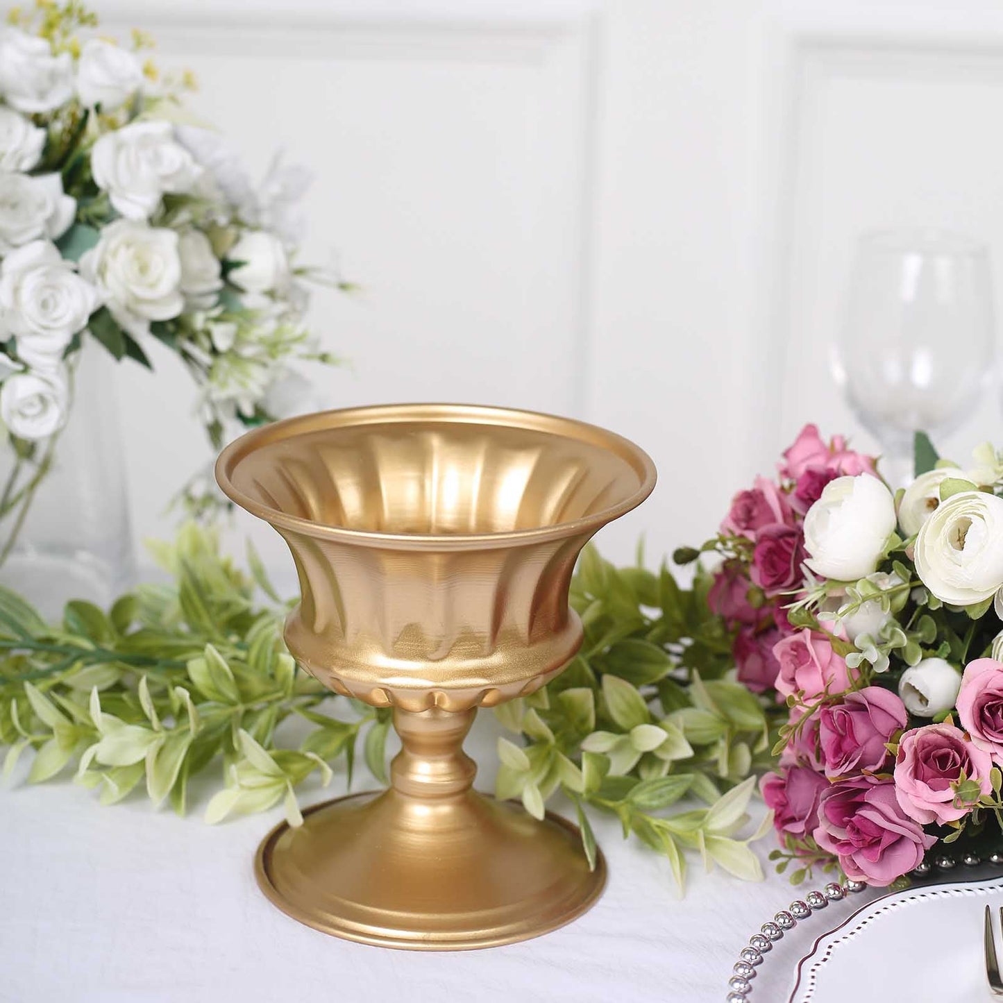 Gold metal Roman style flower pedestal vase, antique mini compote design.