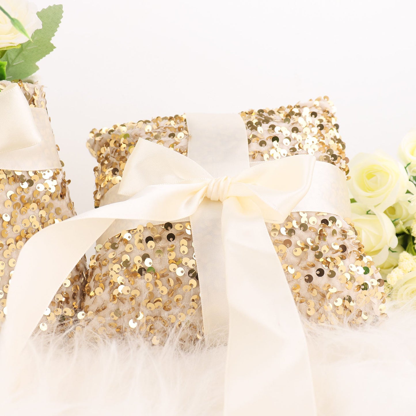 Gold sequin flower girl petal basket and ring bearer pillow set.