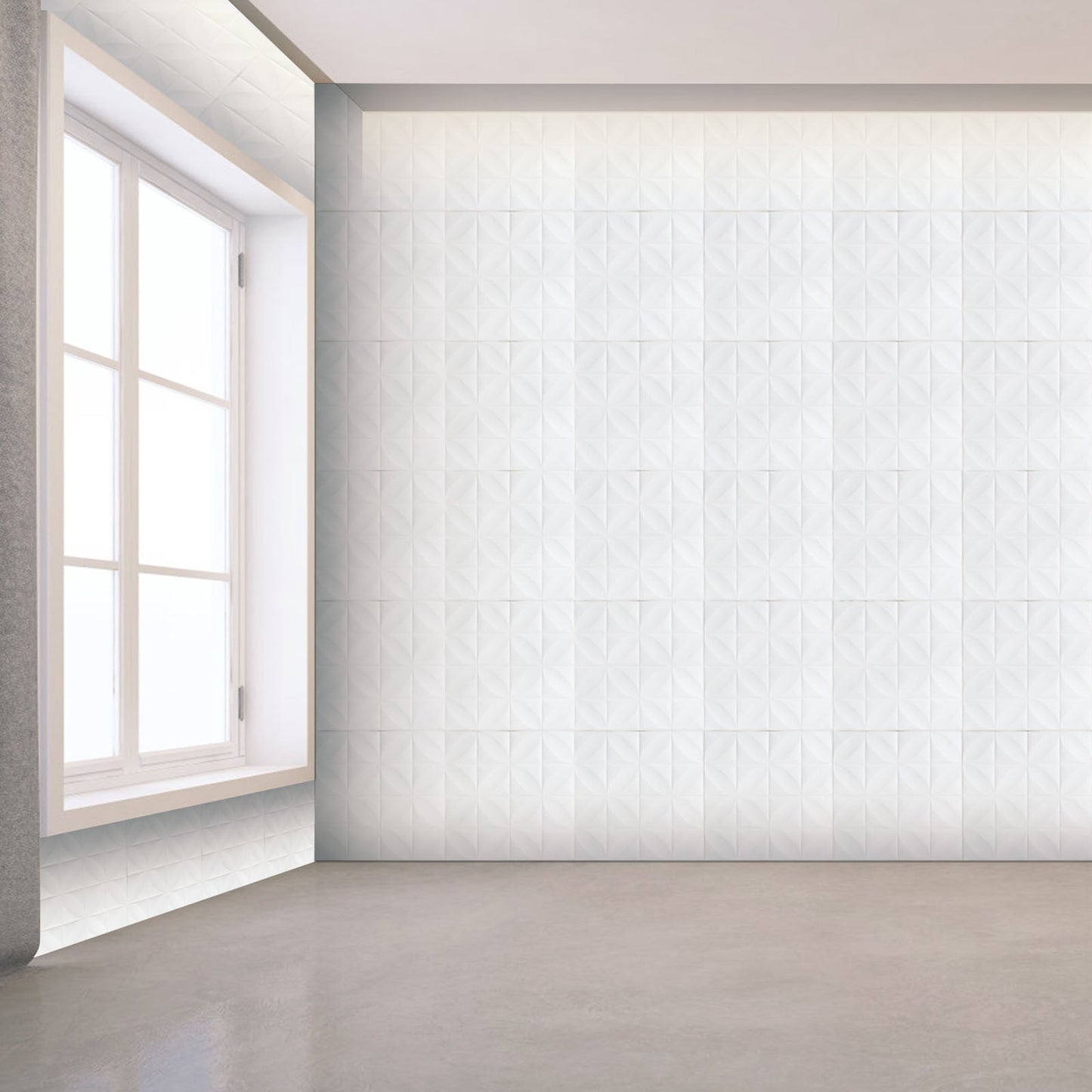 White 3D foam self-adhesive wall panels with diamond design.