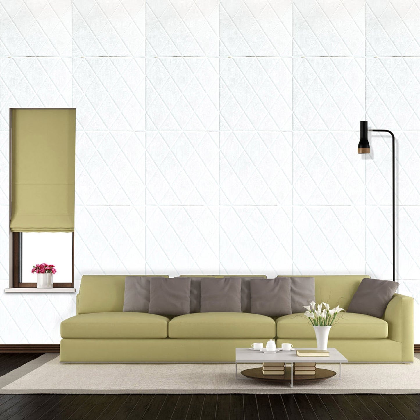 White 3D foam self-adhesive wall panels in alligator skin style.