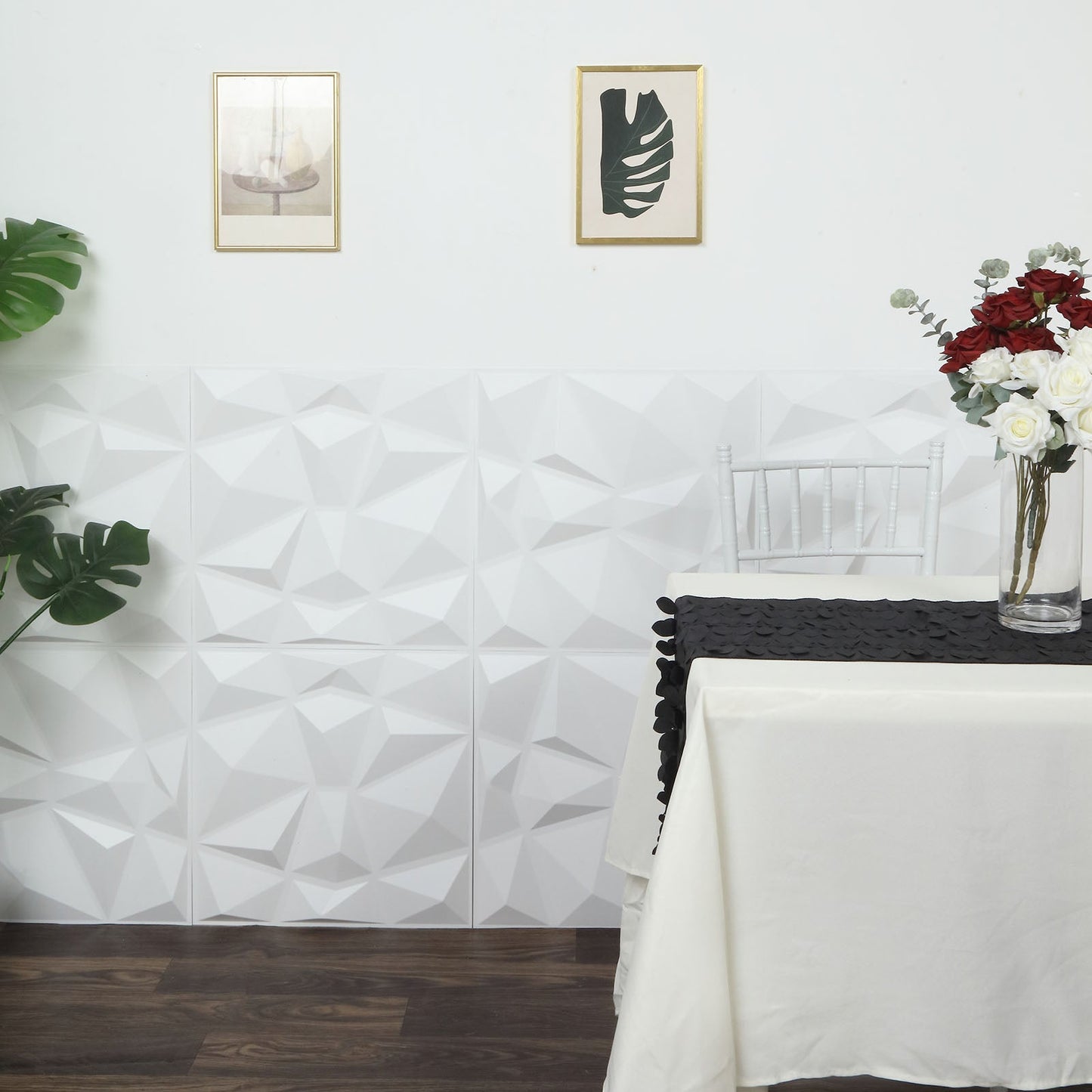 Matte white 3D diamond textured stick on wall panels in a modern setting.
