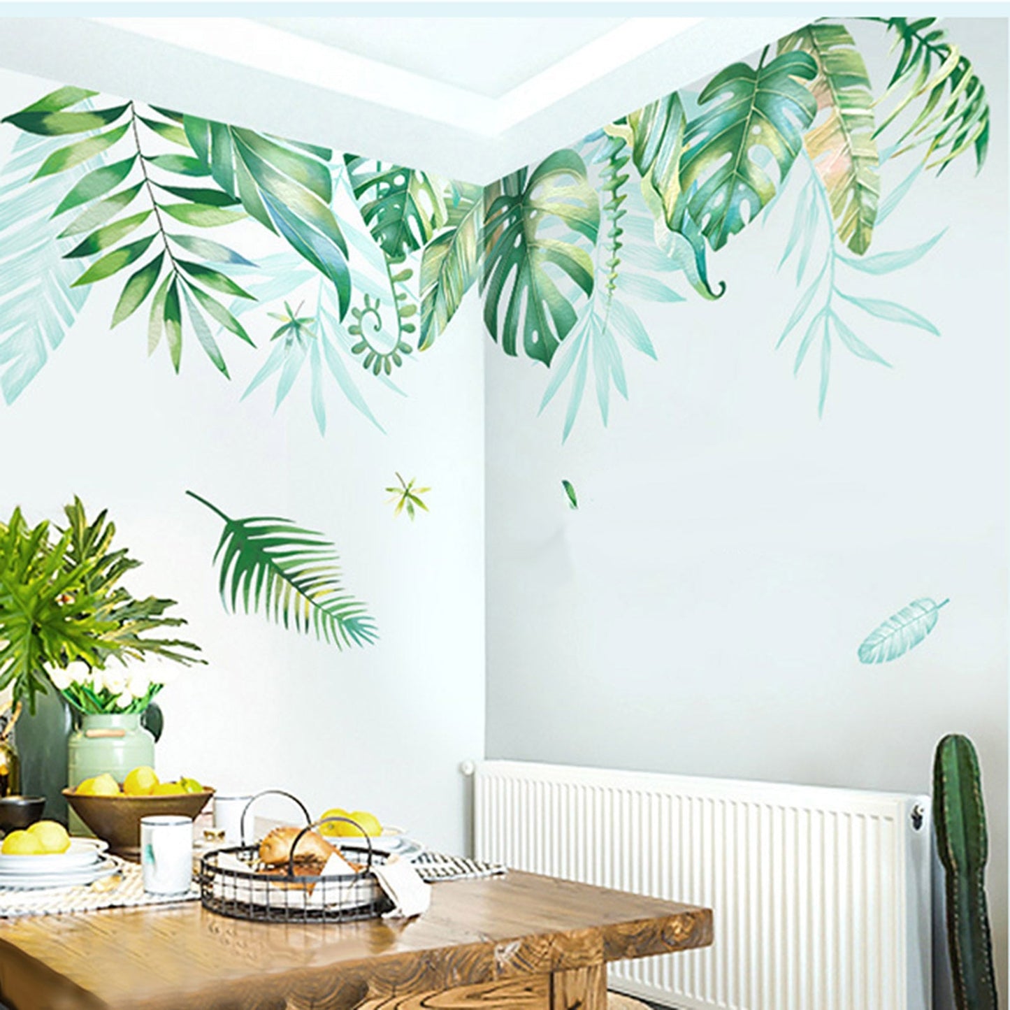 Green tropical assorted hanging leaves wall decals for home decor.
