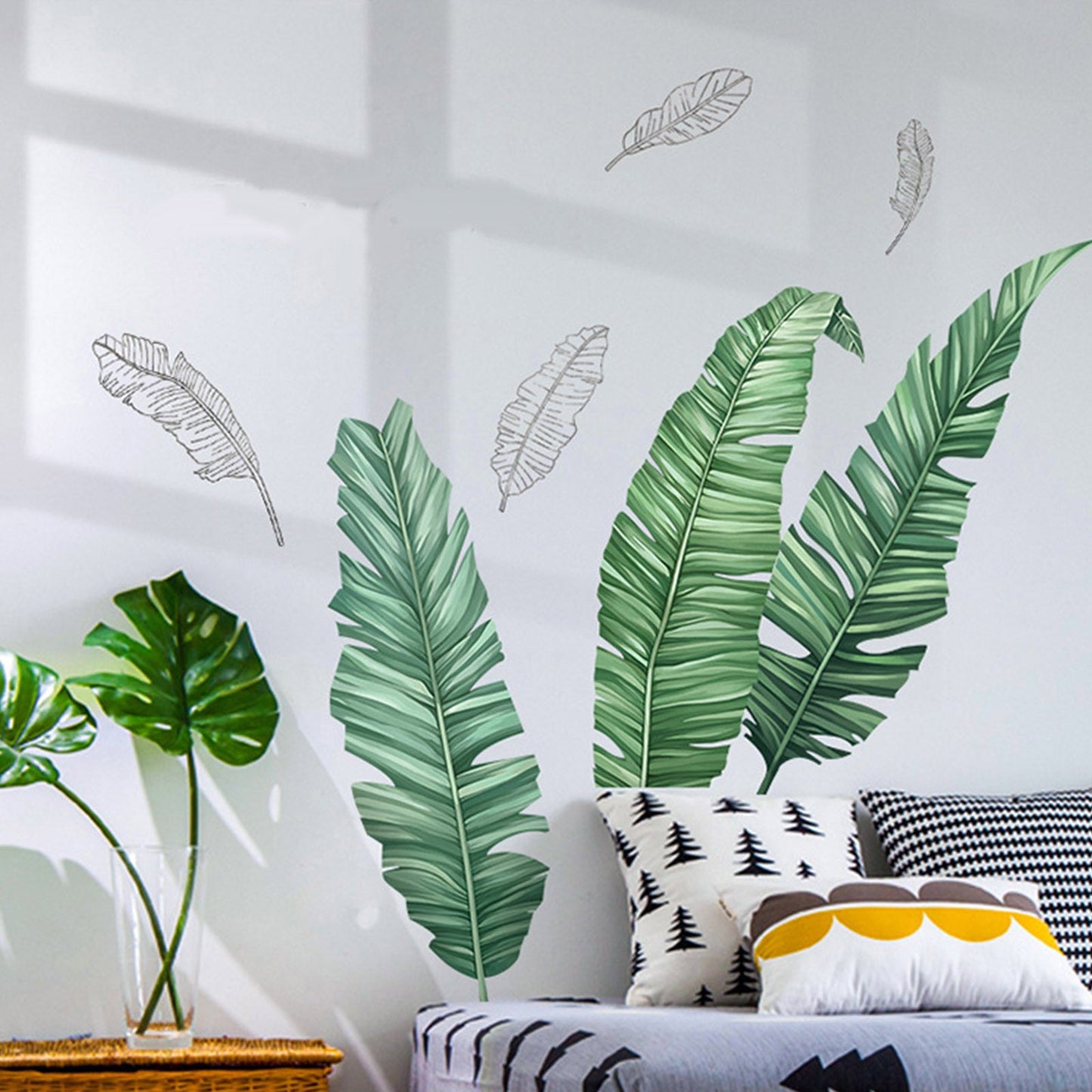Green tropical banana leaves wall decals for home decor.