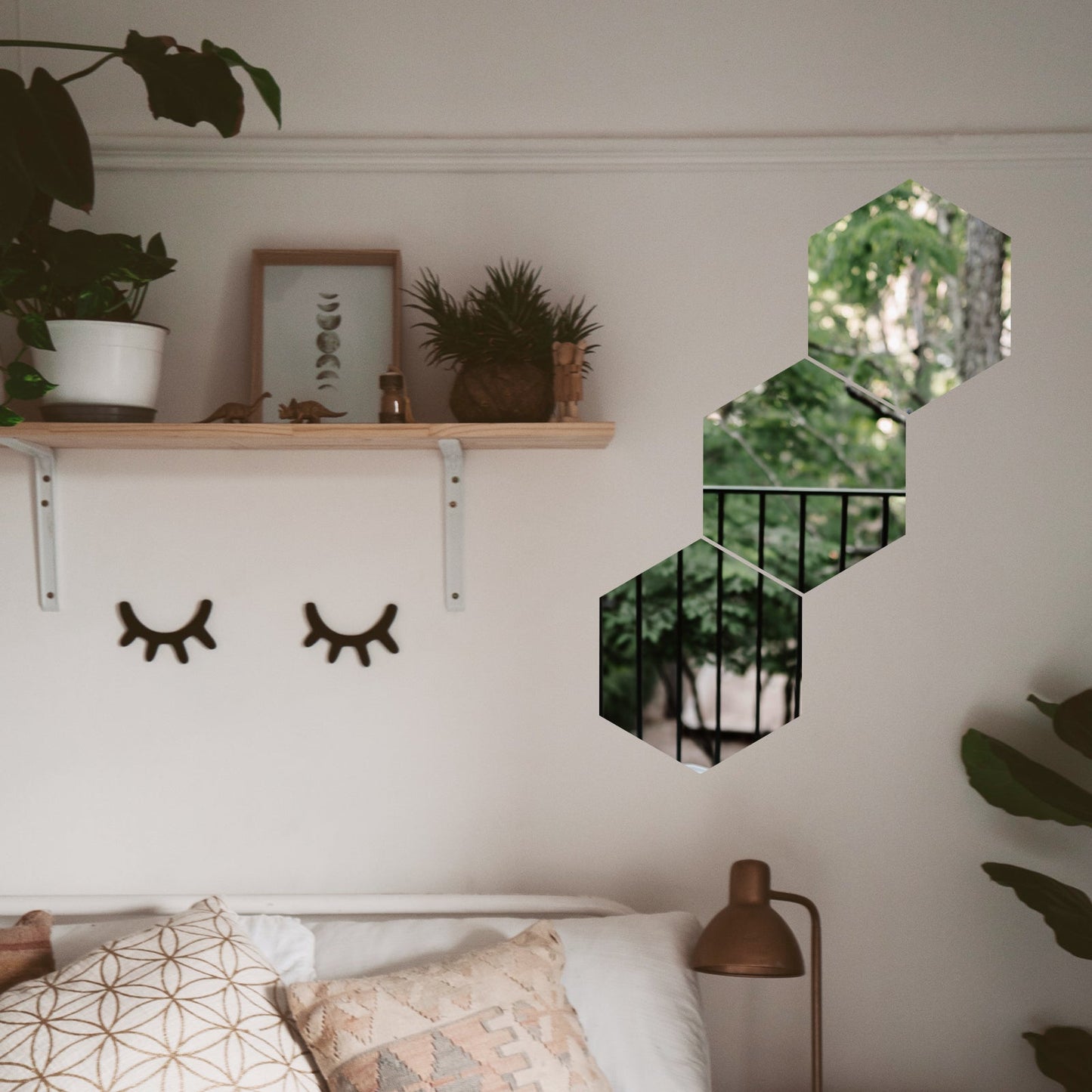 10" hexagon mirror wall stickers in a cozy home decor setting.