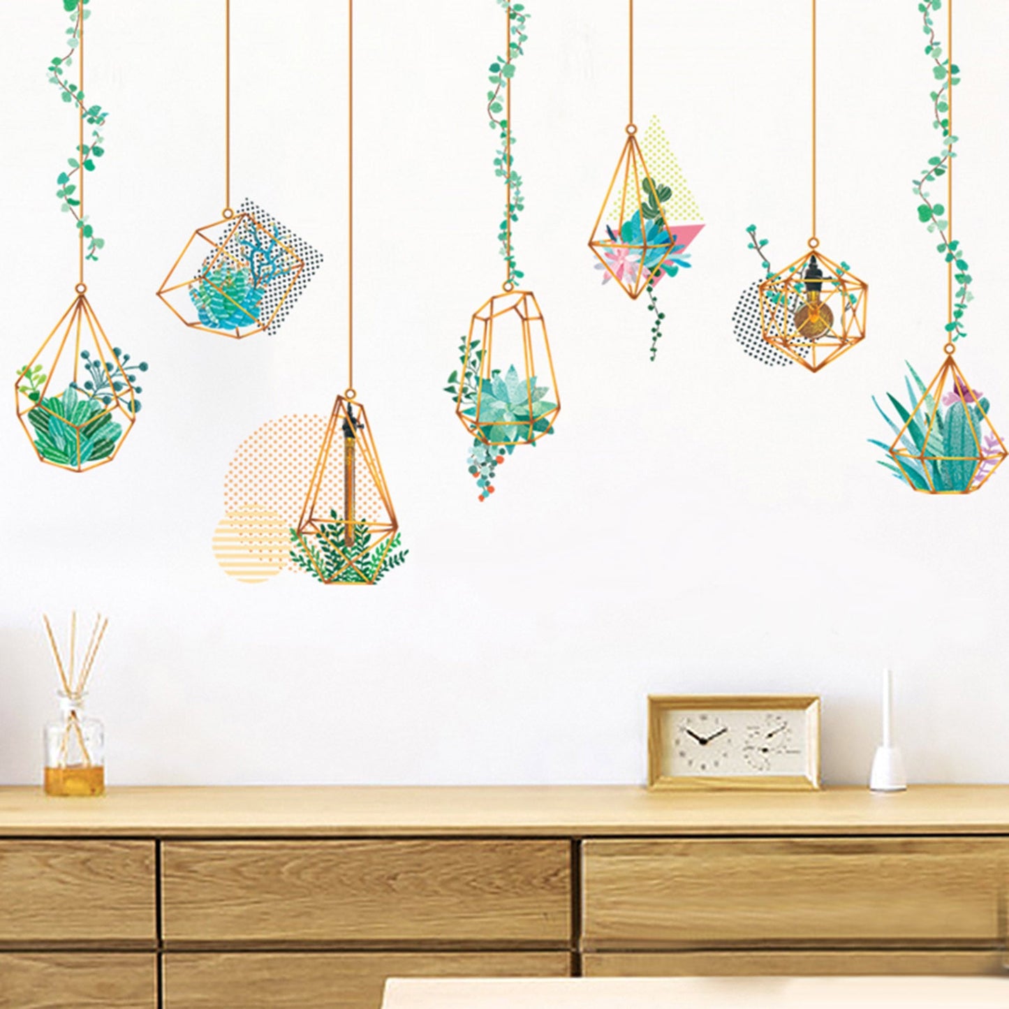 Hanging terrarium plants wall decals in vibrant green and gold.