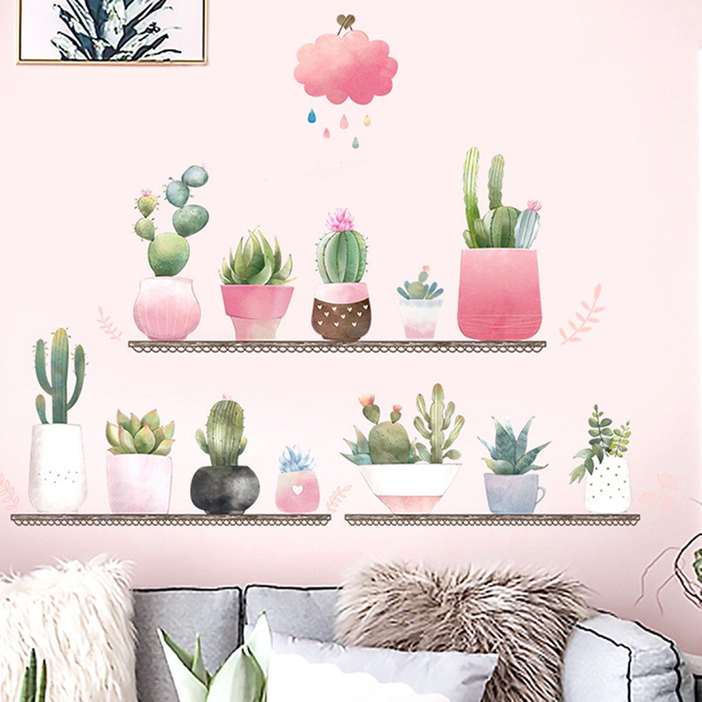 Pink succulent potted plants wall decals for home decor.