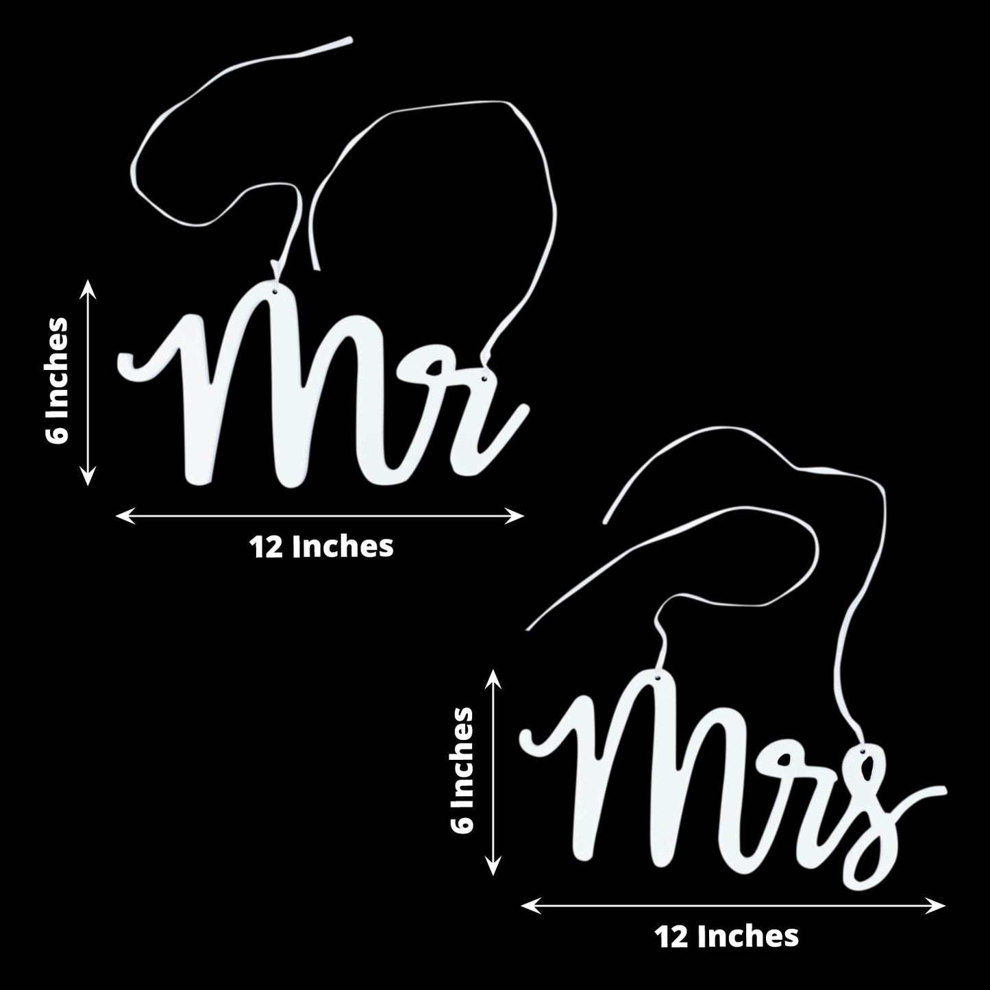 White wood Mr and Mrs chair signs, calligraphy decor for weddings.
