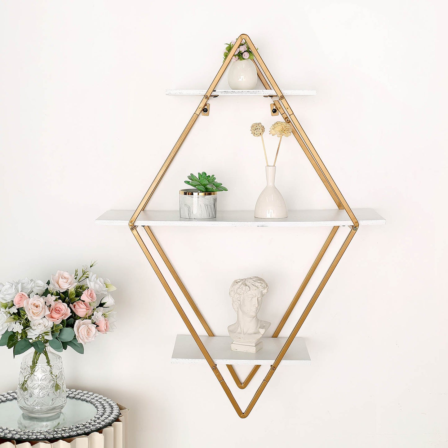 31 Inch Geometric Gold Dessert Shelf Stand With Diamond Shaped 3 Tiers