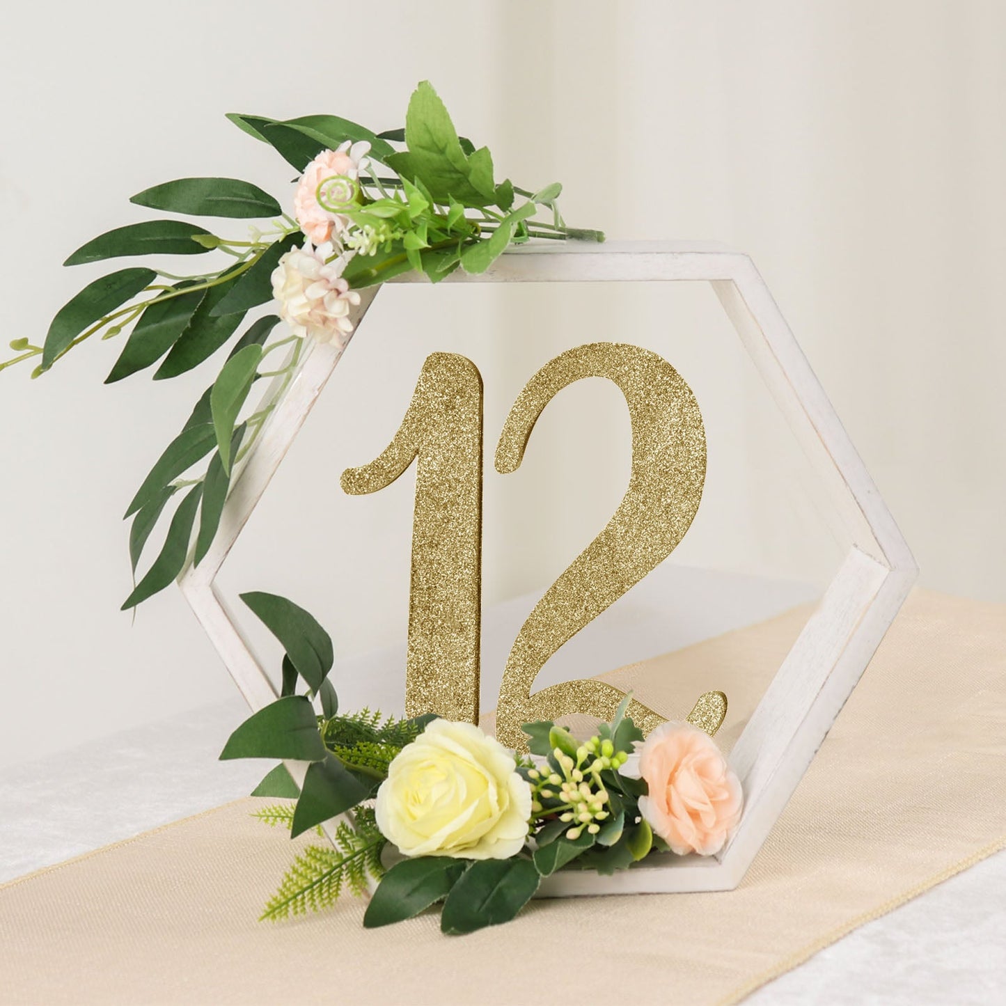 Whitewashed hexagon wood centerpiece with floral accents and gold 12.