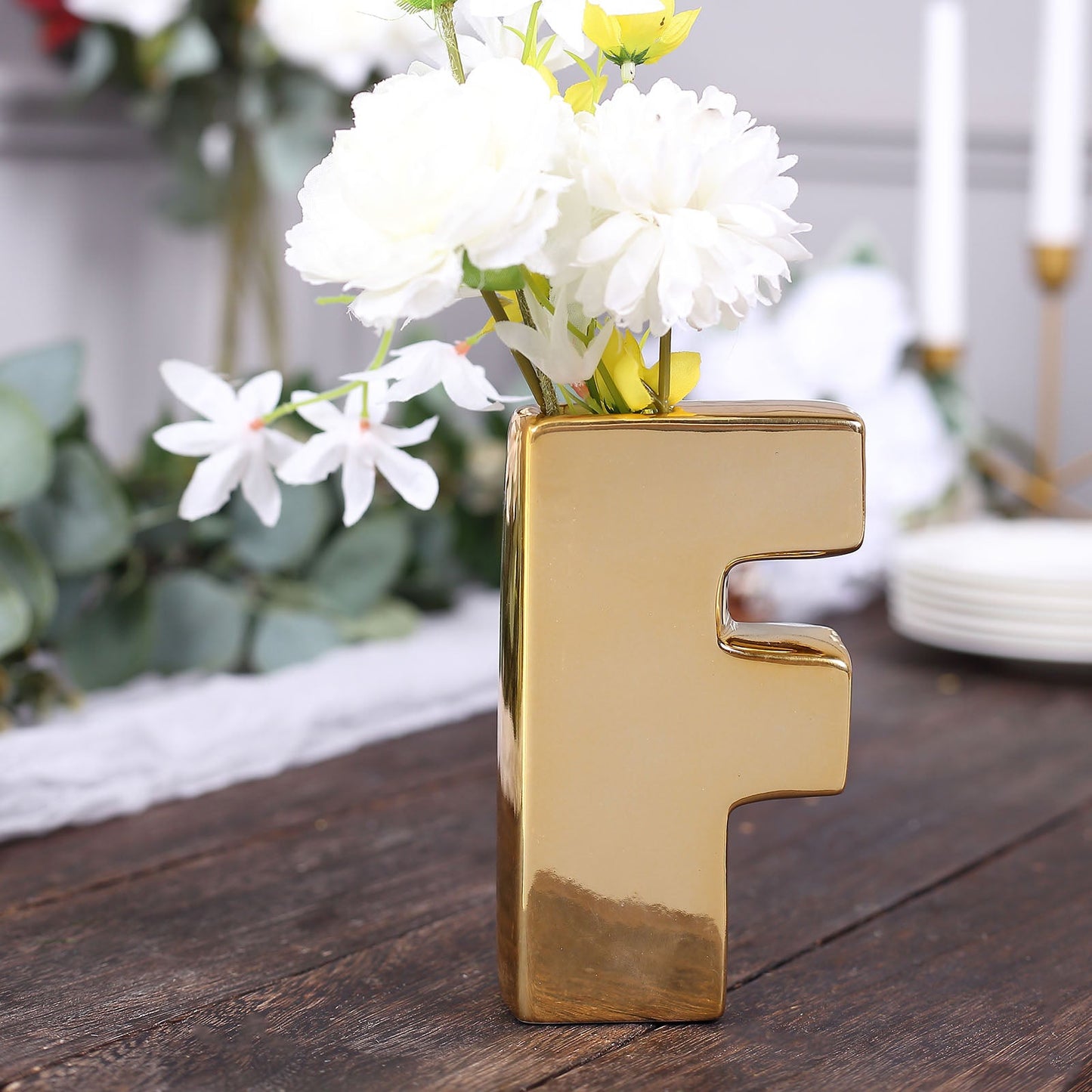 Gold Plated Letter "F" Ceramic Bud Planter Vase 6 Inch