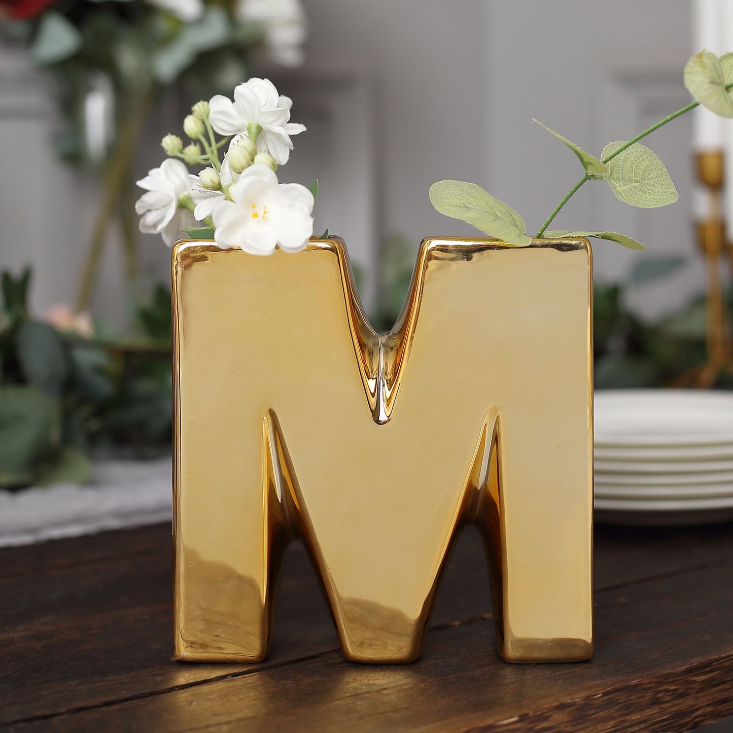Gold Plated Letter "M" Ceramic Bud Planter Vase 6 Inch