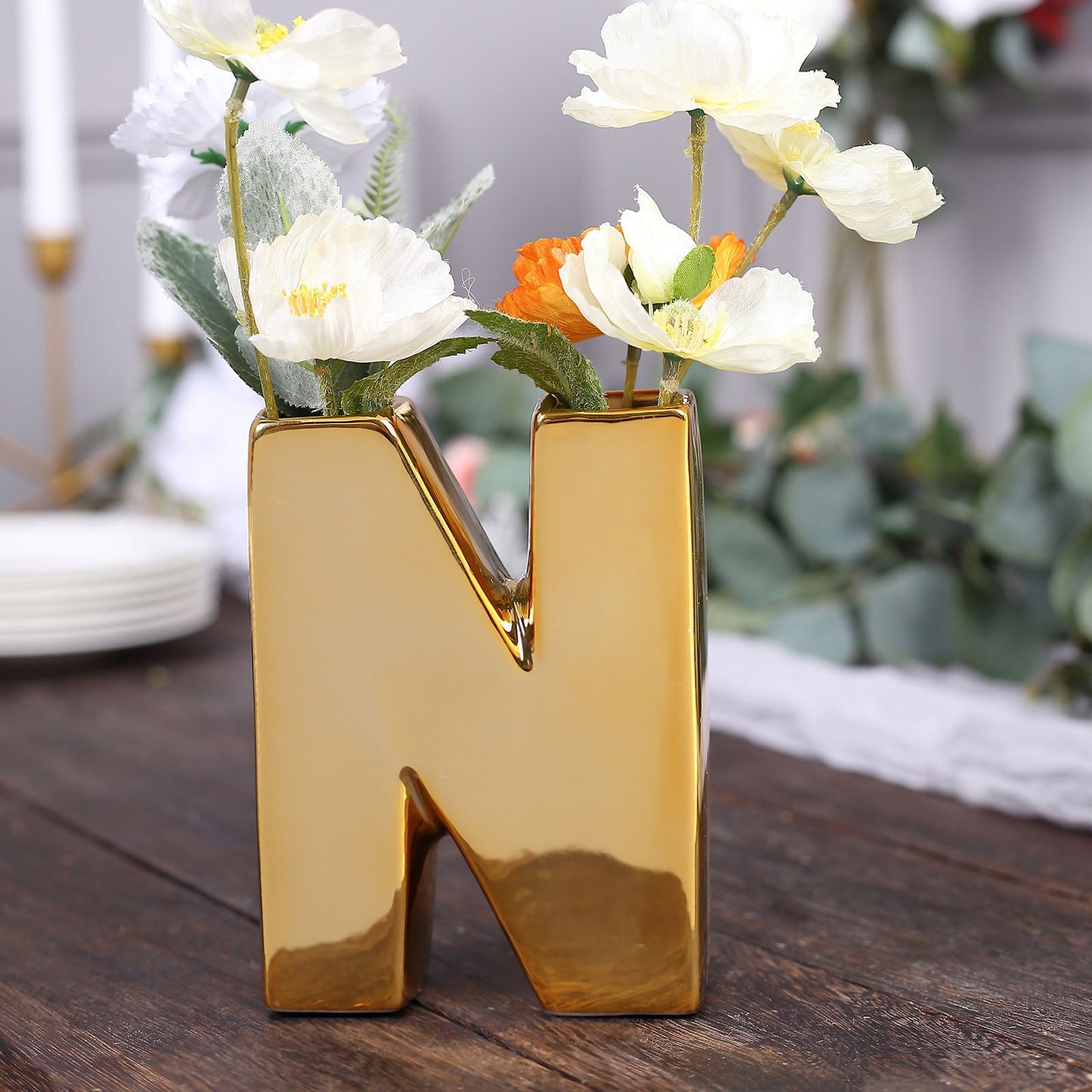 Gold Plated Letter "N" Ceramic Bud Planter Vase 6 Inch