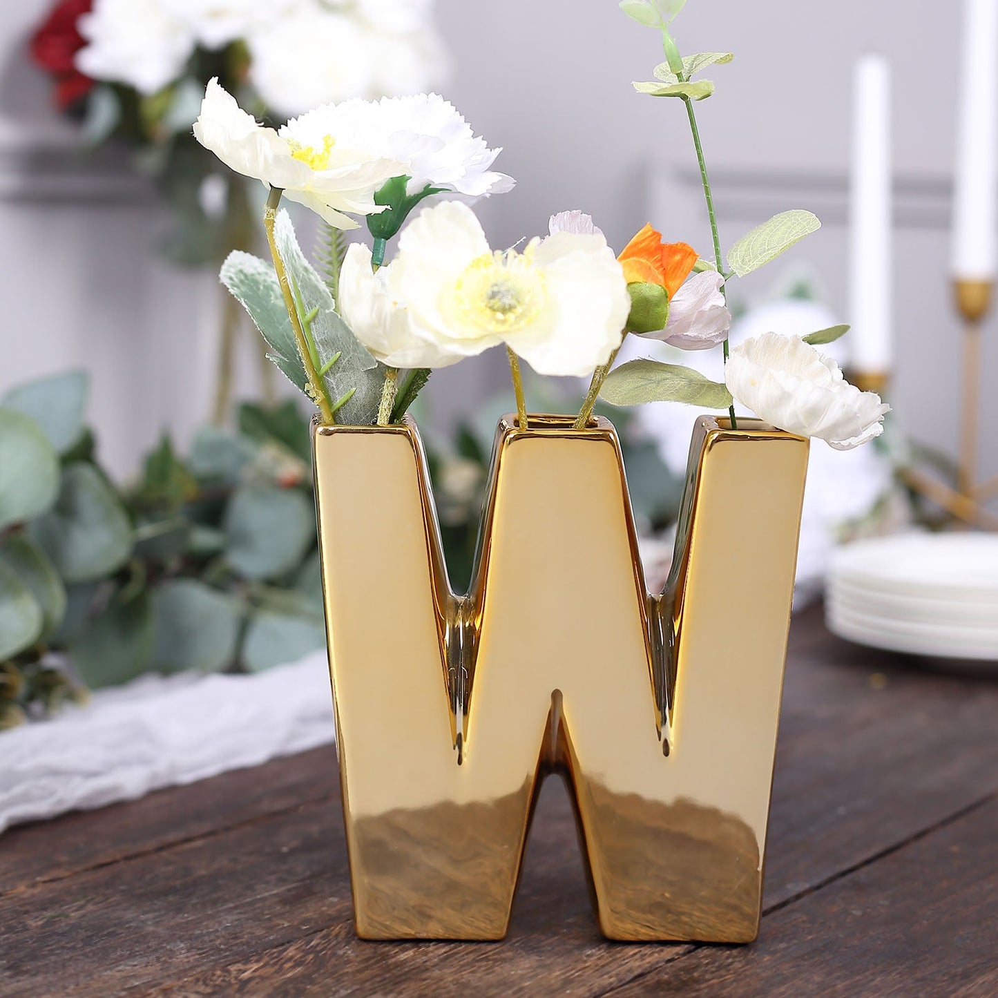 Gold Plated Letter "W" Ceramic Bud Planter Vase 6 Inch