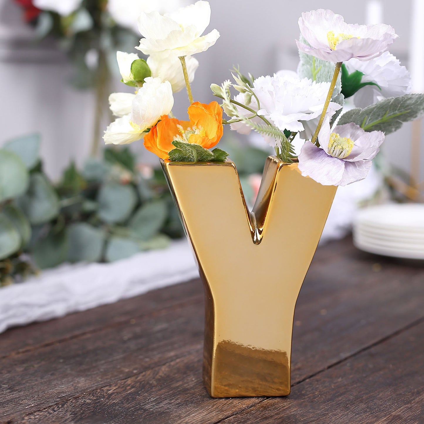 6 Inch Size Shiny Gold Plated Ceramic Letter “Y” Sculpture Flower Vase Table Centerpiece