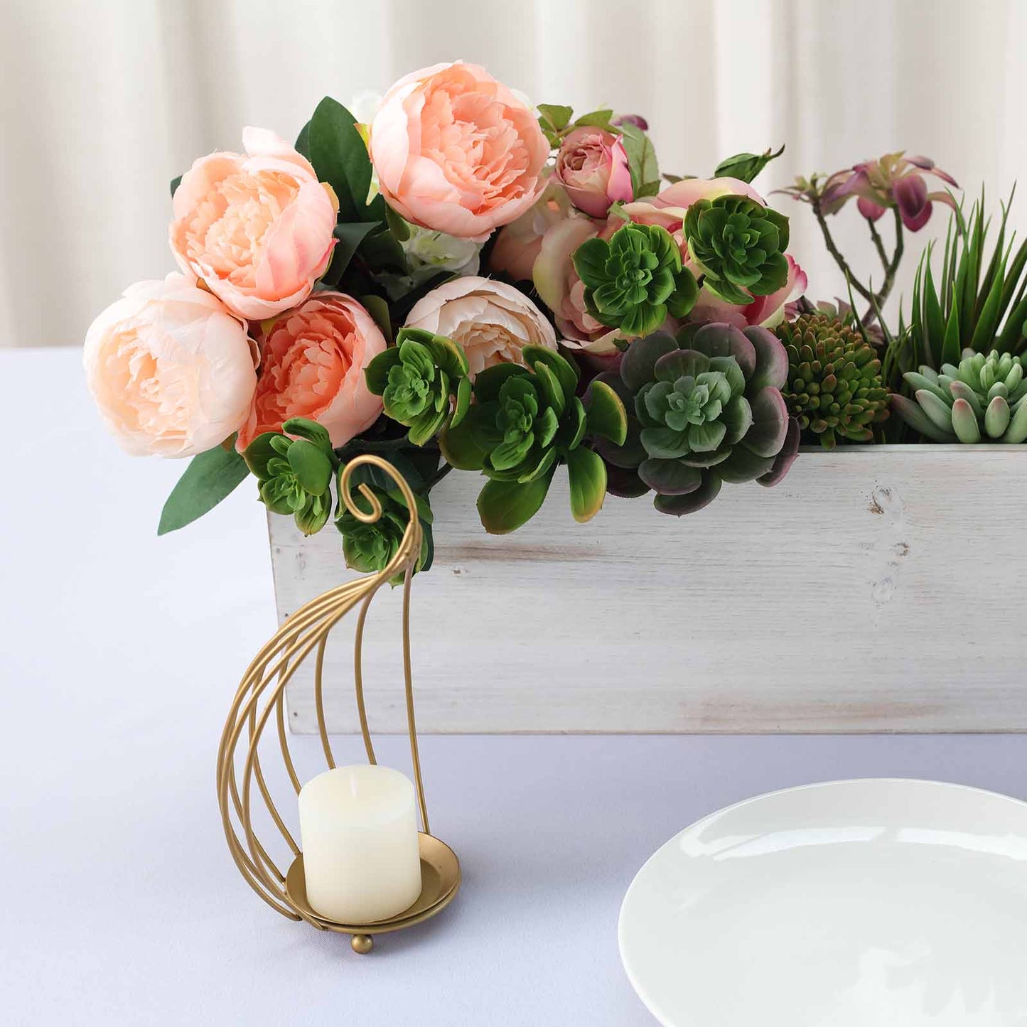 Whitewash rectangular wood planter box with flowers and succulents.