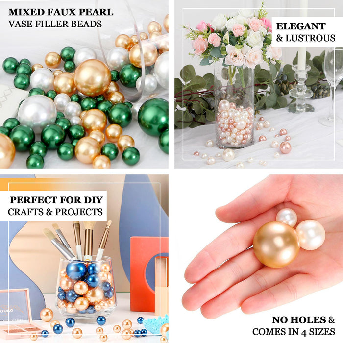 Assorted rose gold and off-white faux pearl beads for crafts and decorations.