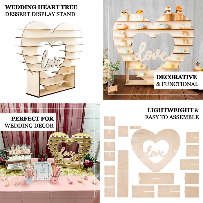 26" Heart Shaped 8-Layer Double Sided Wooden Dessert Display Stand, Natural "Love" Table Cupcake Shelf Rack