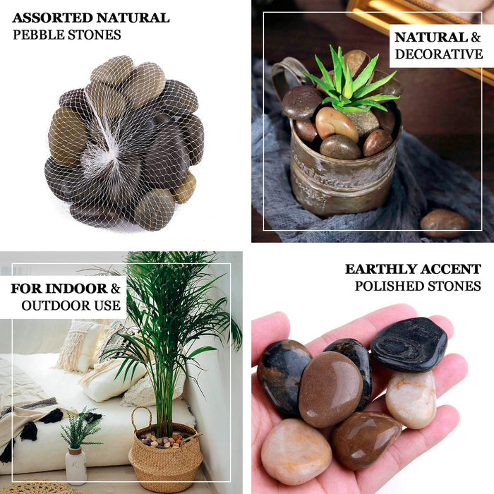 Assorted natural polished decorative stones for vases and landscaping.