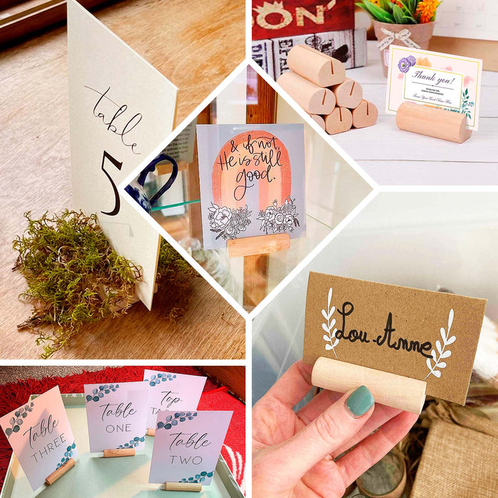 10 Pack | 2" Natural Rustic Style Cylindrical Wooden Place Card Holders, Farmhouse Table Number Stands