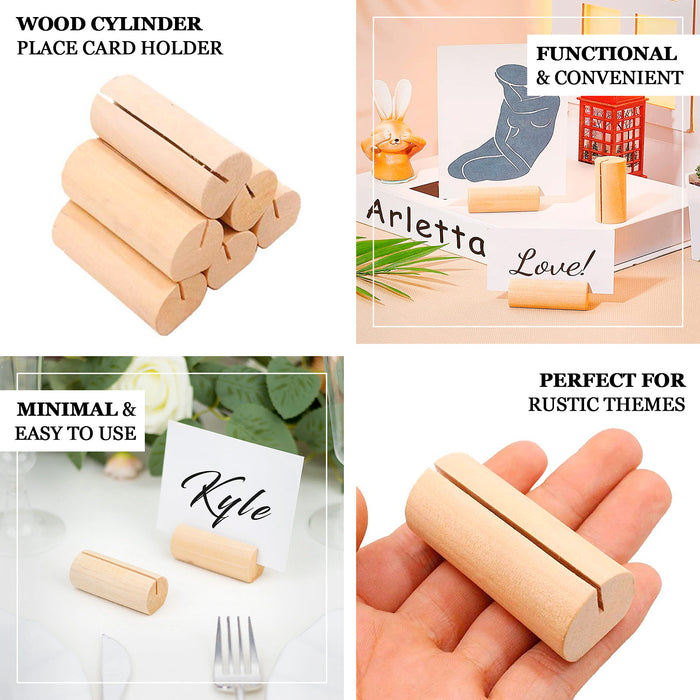 10 Pack | 2" Natural Rustic Style Cylindrical Wooden Place Card Holders, Farmhouse Table Number Stands
