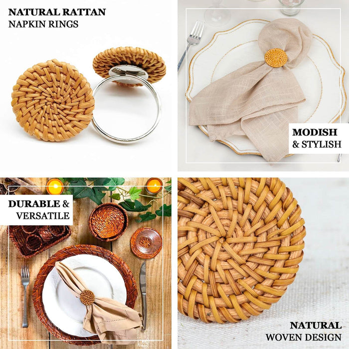 4 Pack | 2" Natural Rustic Style Jute Rattan Metal Napkin Rings, Handmade Boho Chic Woven Serviette Buckle Holders