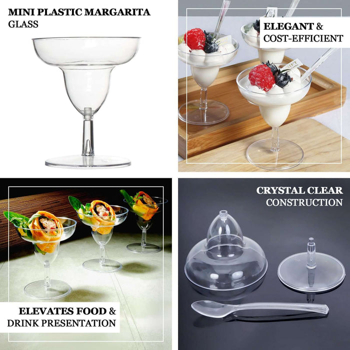24 Pack | 2oz Crystal Clear Mini Disposable Margarita Glasses With Spoons, Plastic Dessert Appetizer Cup and Spoon Set