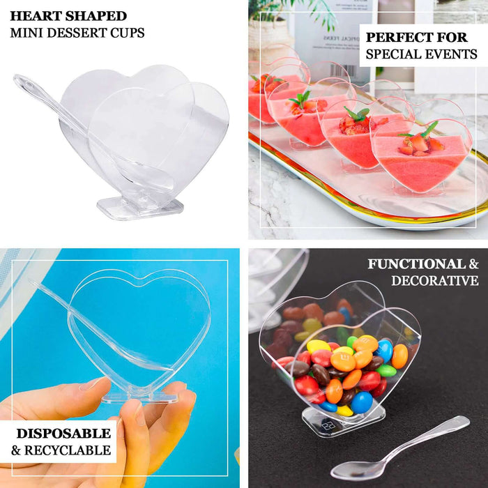 24 Pack | 2oz Mini Clear Disposable Heart-Shaped Pudding Snack Cups with Spoons, Plastic Reusable Dessert Parfait Bowl Sets