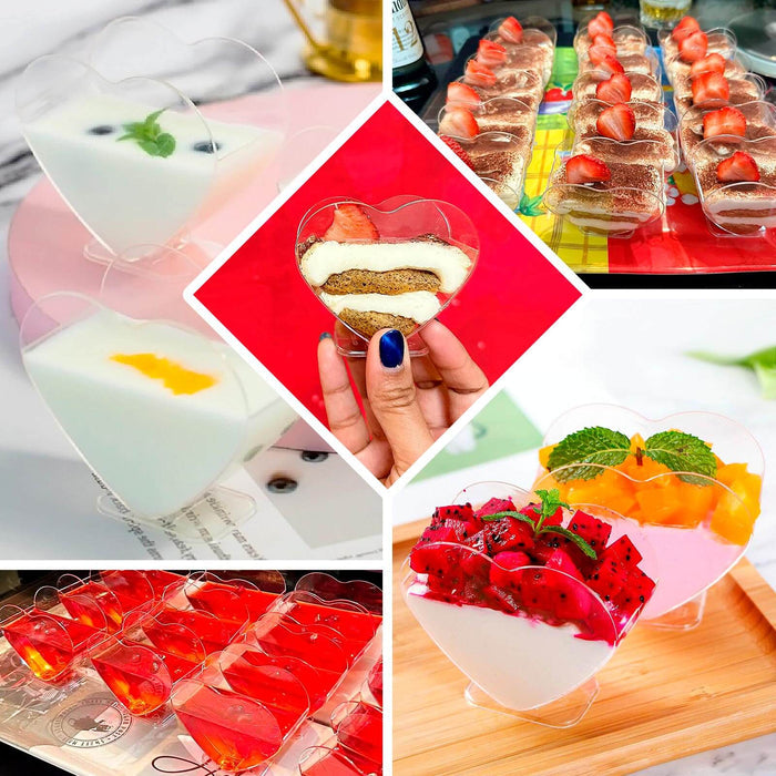 24 Pack | 2oz Mini Clear Disposable Heart-Shaped Pudding Snack Cups with Spoons, Plastic Reusable Dessert Parfait Bowl Sets