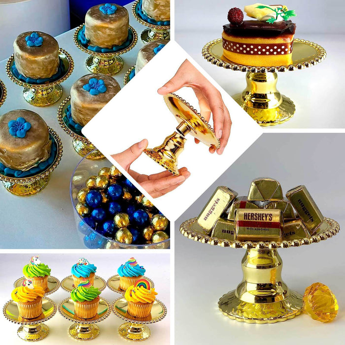 12 Pack | 5" Gold Mirror Finish Mini Plastic Pedestal Cake Stands With Beaded Rim, Disposable Round Cupcake Dessert Display Serving Plates