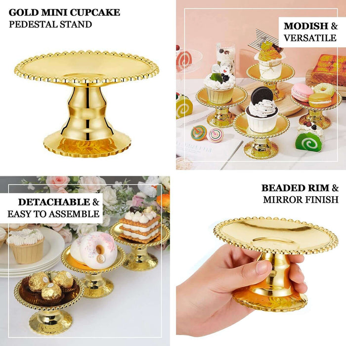 12 Pack | 5" Gold Mirror Finish Mini Plastic Pedestal Cake Stands With Beaded Rim, Disposable Round Cupcake Dessert Display Serving Plates