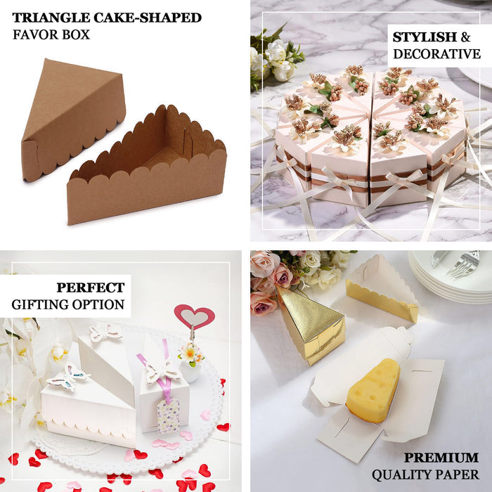 Metallic silver triangular paper cake boxes for desserts.