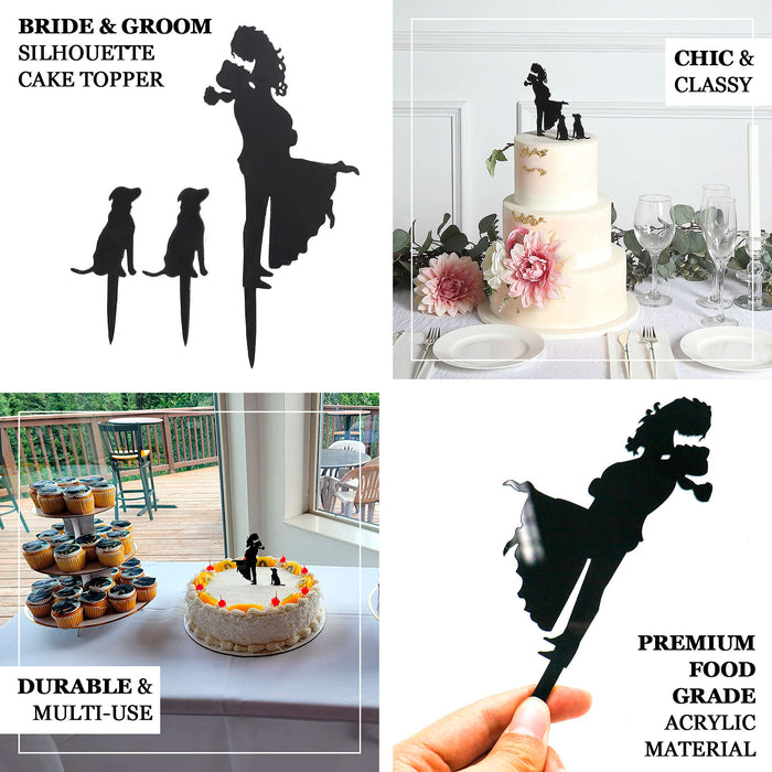 7" Black Acrylic Bride and Groom With Two Pet Dogs Cake Toppers, Silhouette Wedding Cake Decoration Set