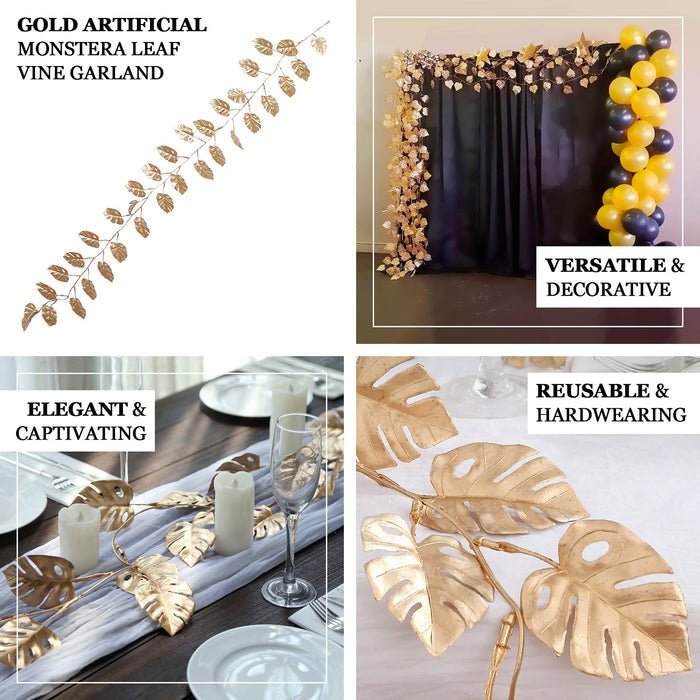 Gold artificial monstera leaf hanging vine plant garland for decor.