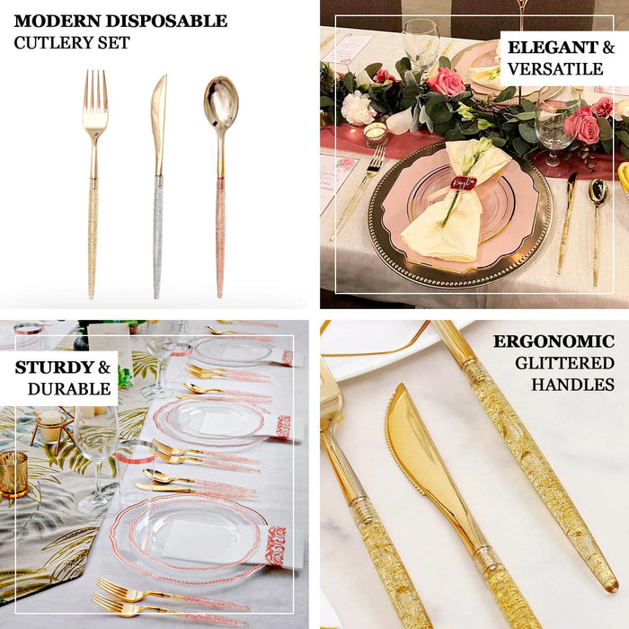 24 Pack | 8" Gold Glittered Disposable Cutlery Set, Plastic Silverware