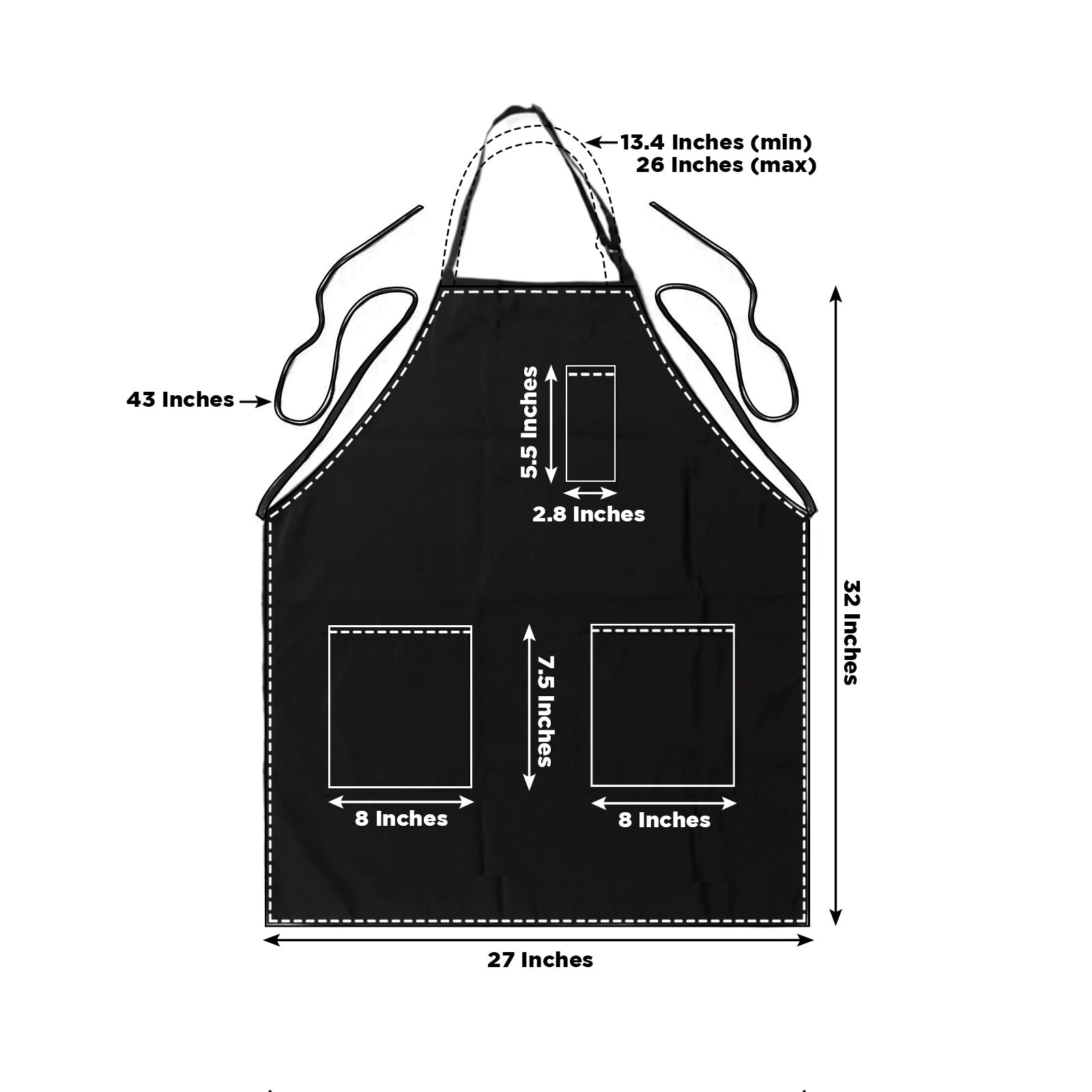 Black premium polyester chef apron with adjustable neck and two pockets.