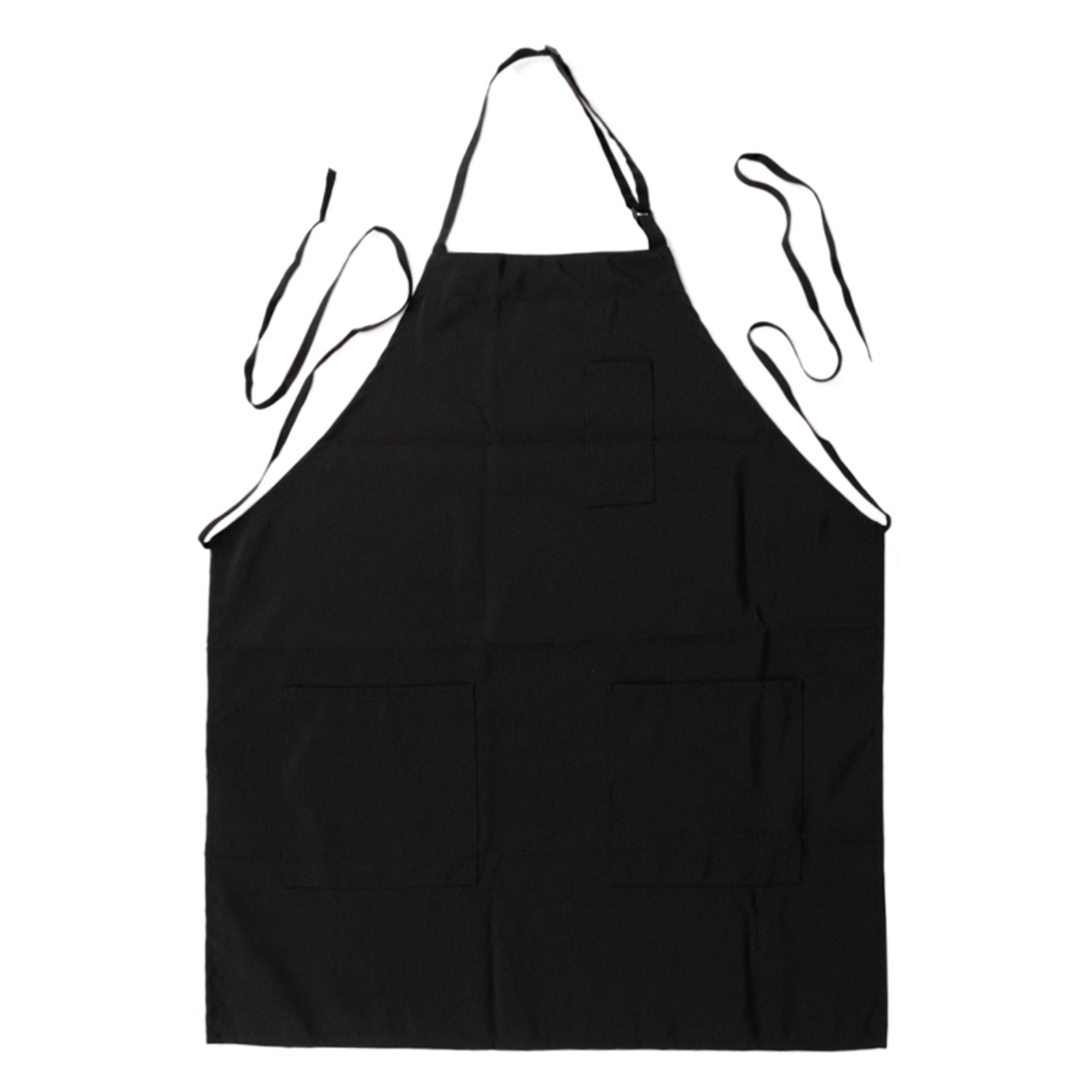 Black premium polyester chef apron with adjustable neck and pockets.
