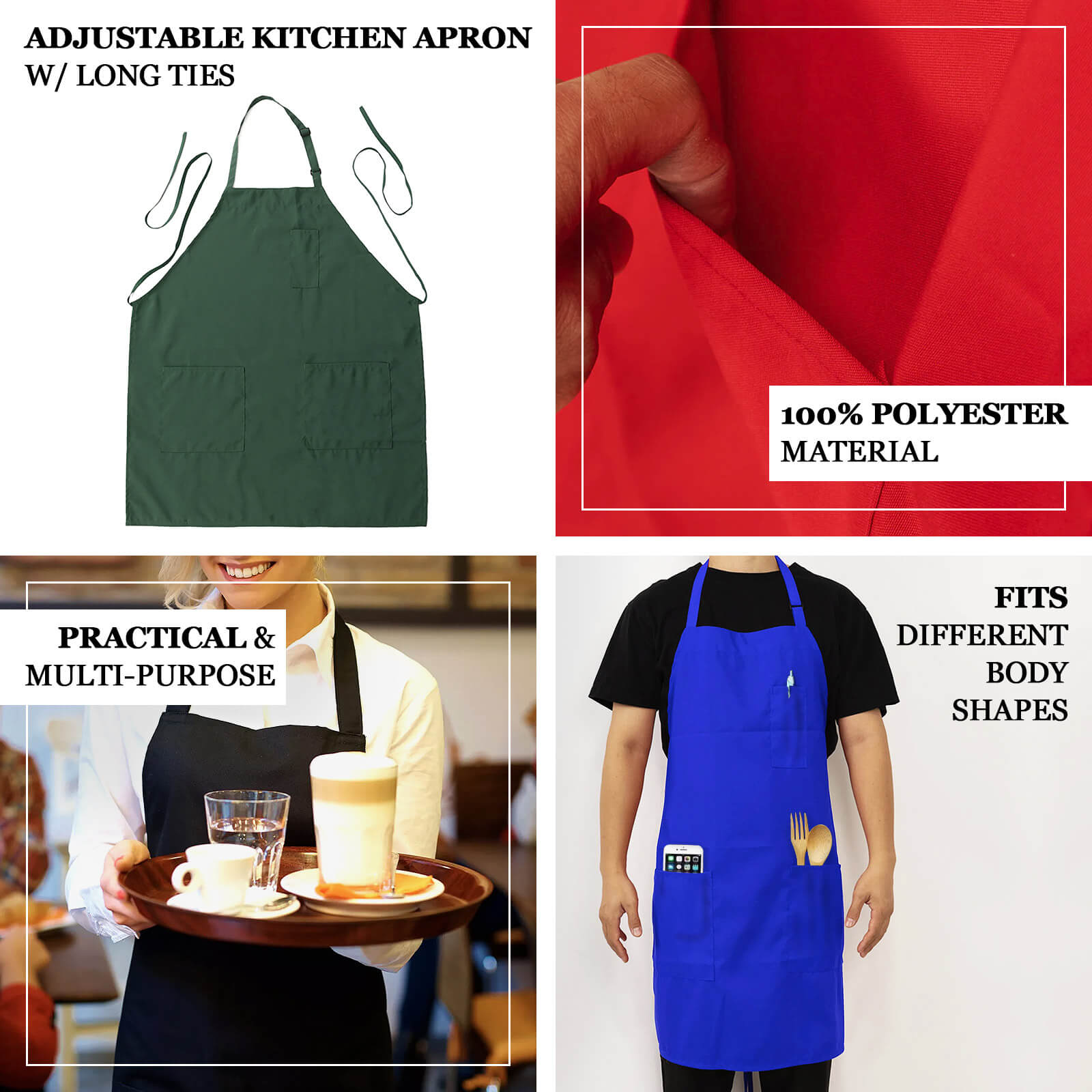 Blue polyester cooking chef apron with adjustable neck and long ties, features two pockets.