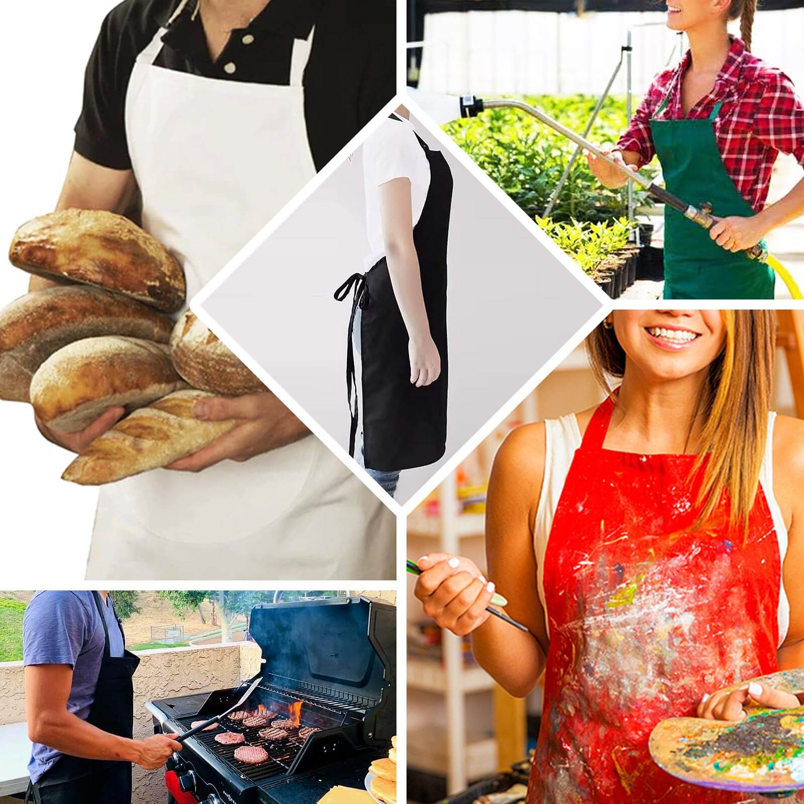 White premium polyester cooking chef apron with adjustable neck and long ties.