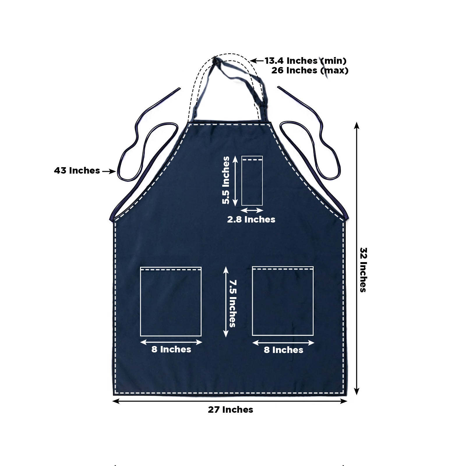 Navy blue adjustable chef apron with two pockets and waterdrop resistance.