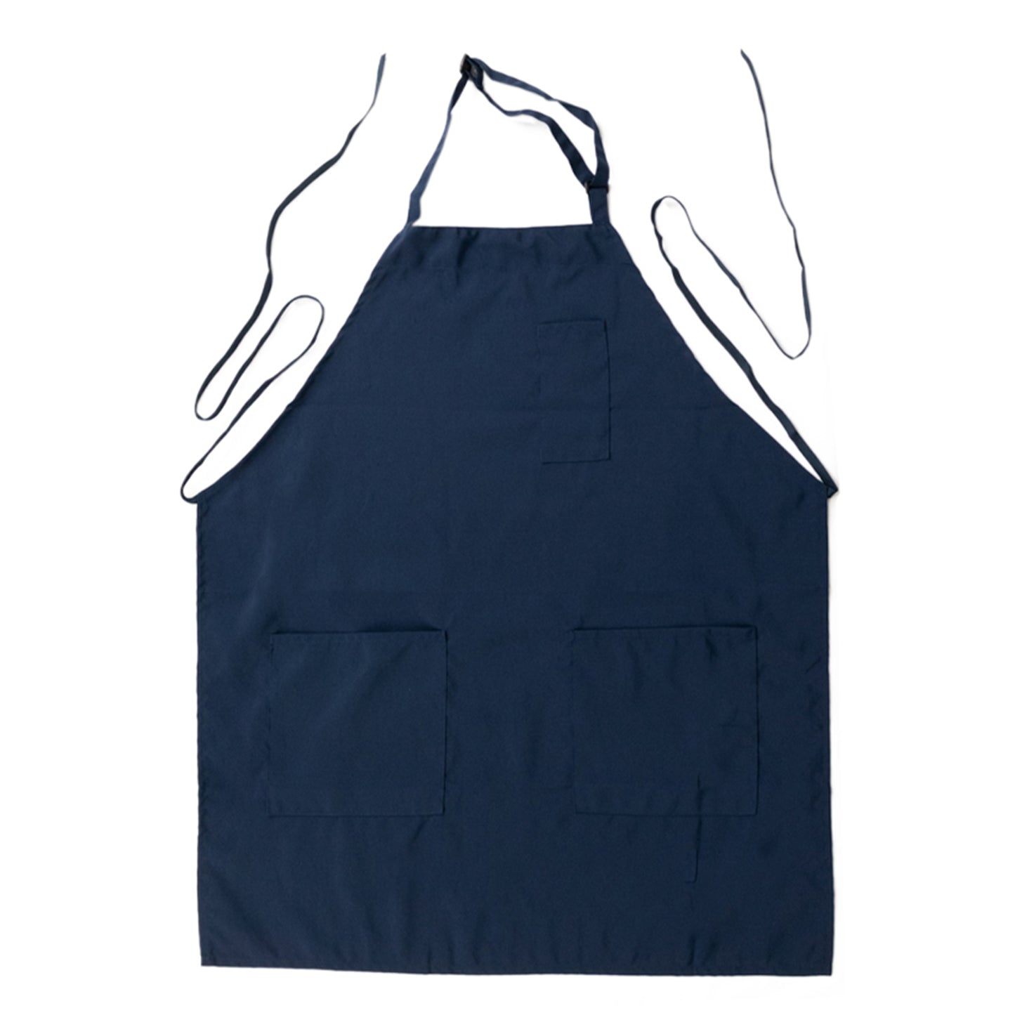 Navy blue premium polyester chef apron with adjustable neck and pockets.