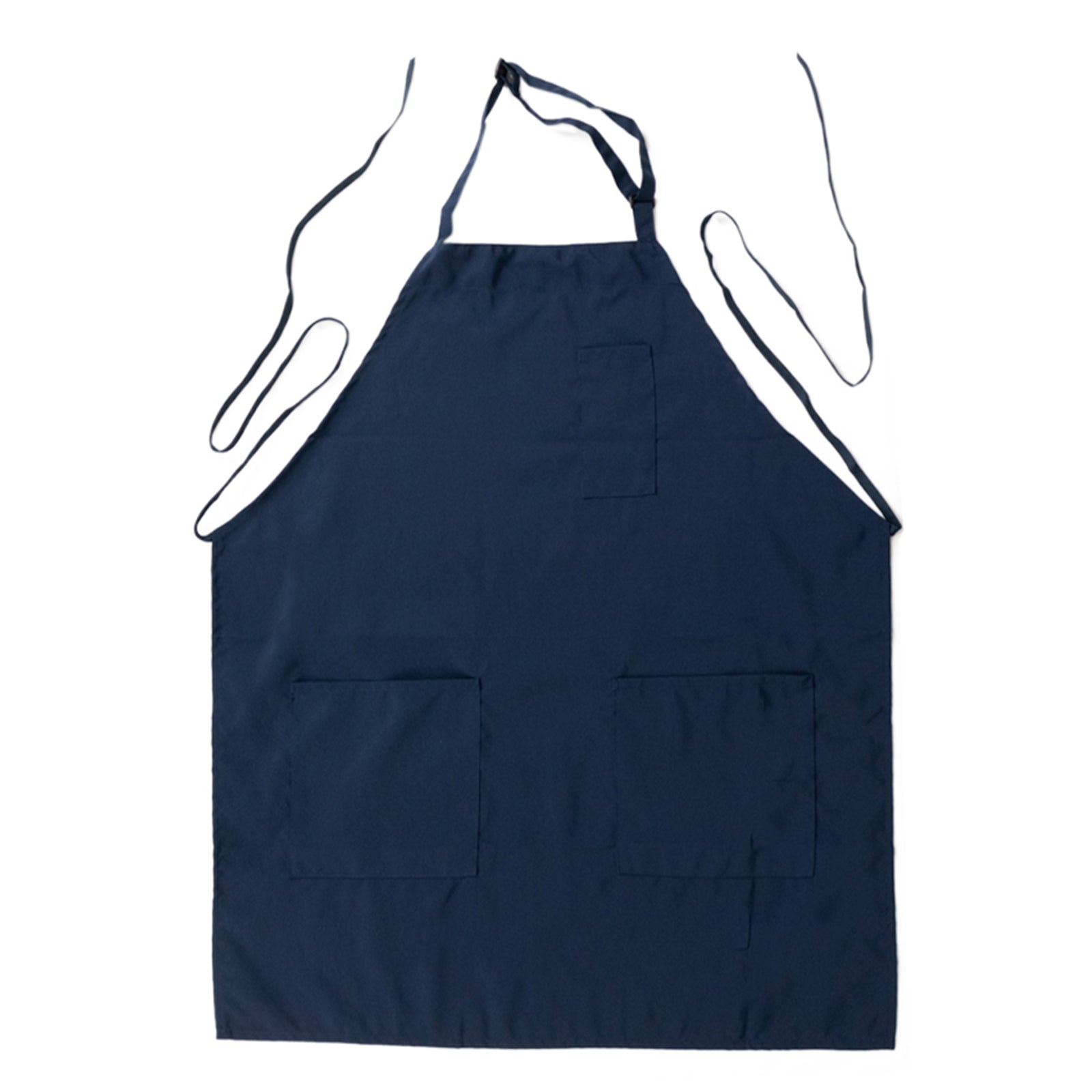 Navy blue premium polyester chef apron with adjustable neck and pockets.