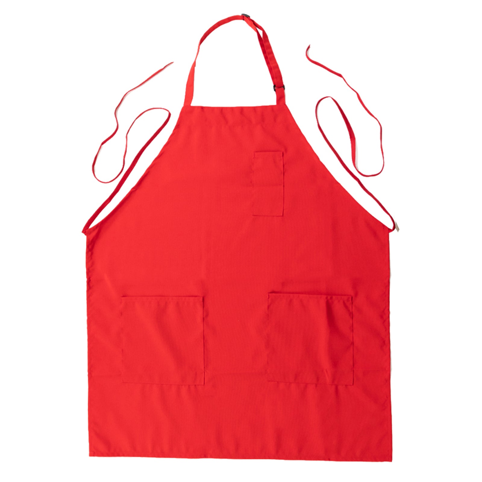 Red cooking chef apron with adjustable neck and two pockets.