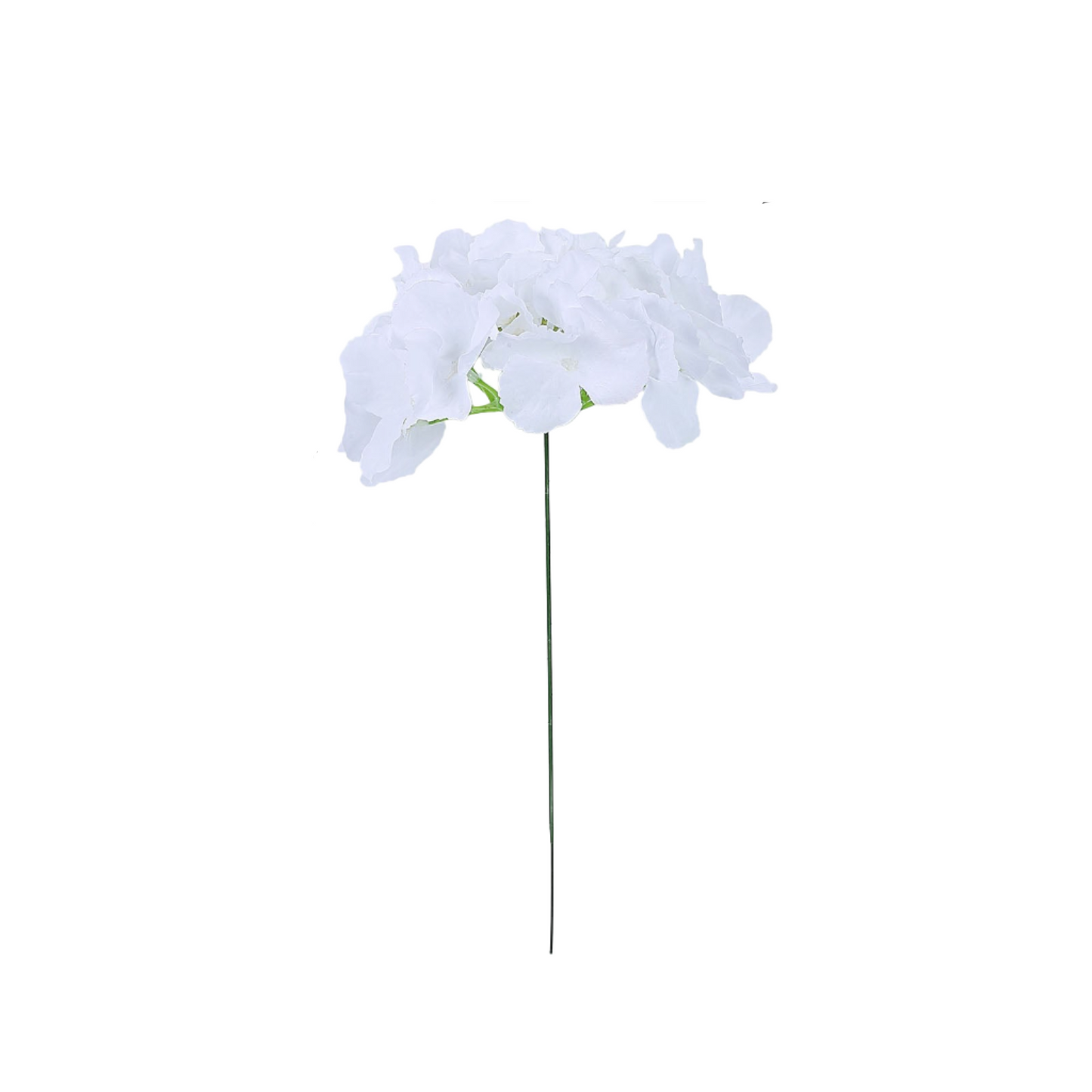 White artificial satin hydrangea flower head and stem for DIY arrangements.