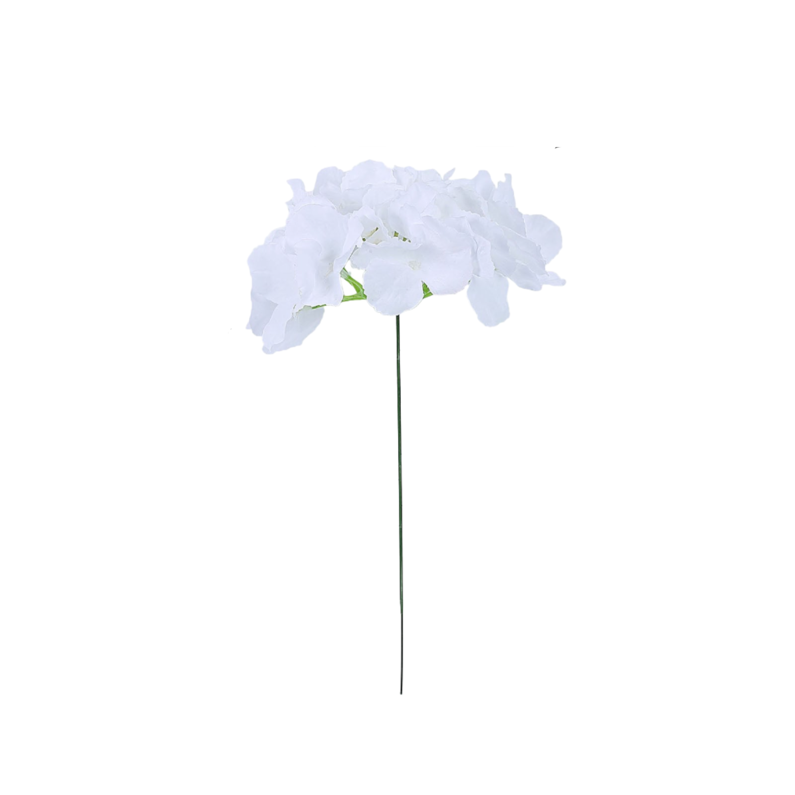 White artificial satin hydrangea flower head and stem for DIY arrangements.